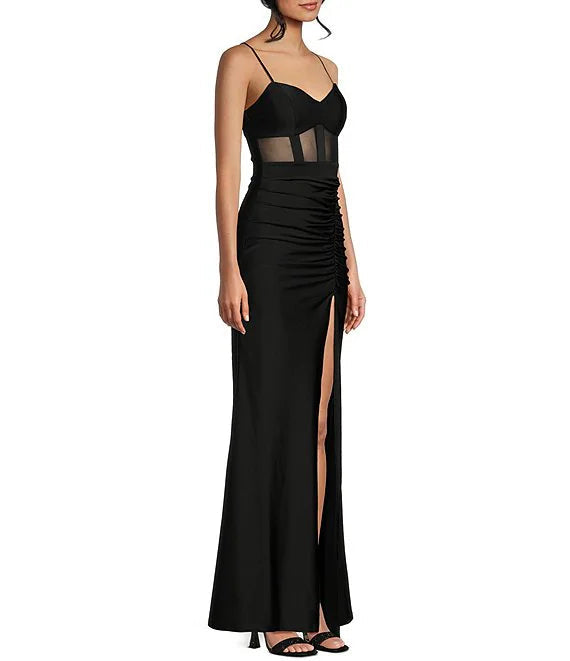 Phantom tight fitting corset with parallel slits and long prom dress