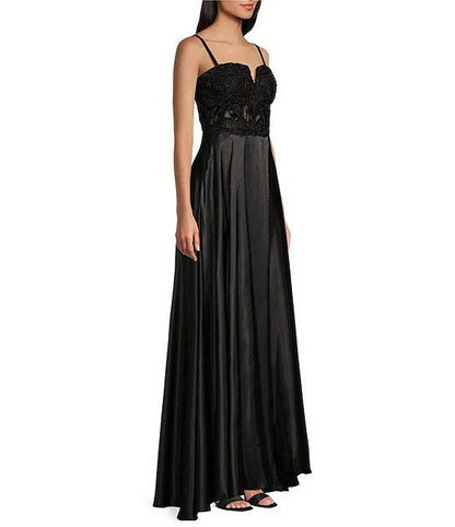 Fantasy lace mesh tight fitting corset with lace up back for a long evening dress