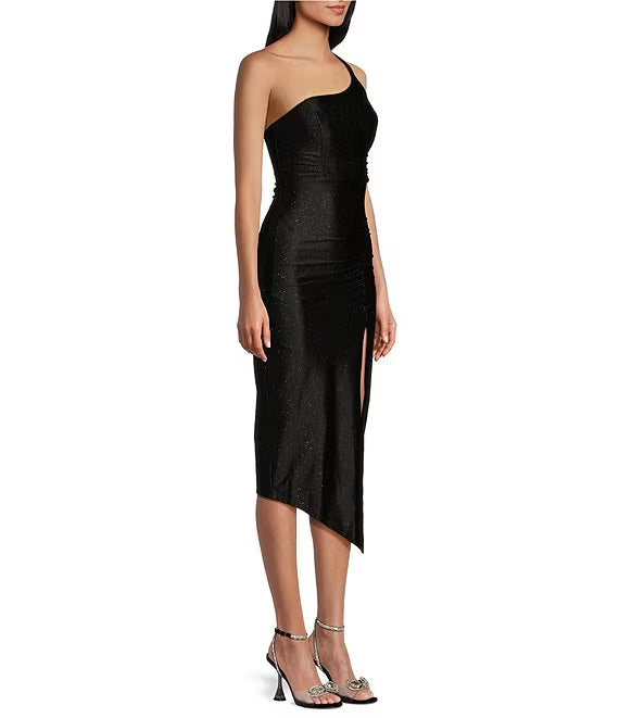 One shoulder glitter knit A symmetrical mid length prom dress