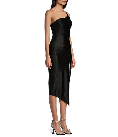 One shoulder glitter knit A symmetrical mid length prom dress