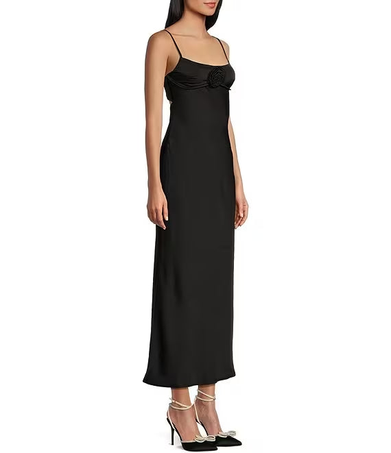 Satin low neck thin shoulder strap with rose back hollowed out suspender prom dress