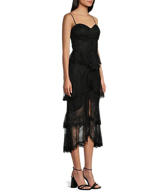 Sweetheart neckline lace tight fitting corset with ruffled edges medium length prom dress