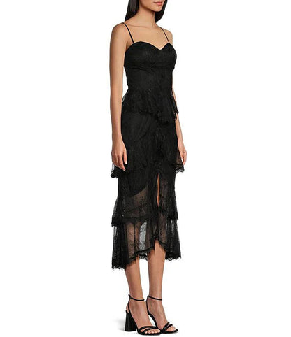 Sweetheart neckline lace tight fitting corset with ruffled edges medium length prom dress