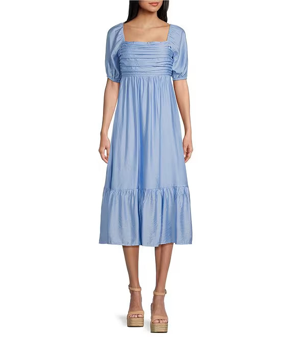 Mid length prom dress with pleated lantern sleeves