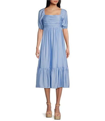 Mid length prom dress with pleated lantern sleeves