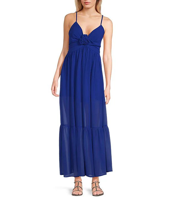 Thin shoulder strap rose front extra long prom dress