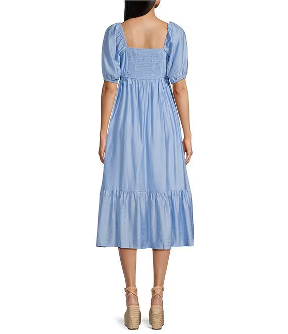 Mid length prom dress with pleated lantern sleeves