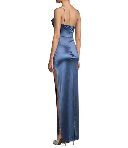 Tight corset with side slits and satin long prom dress
