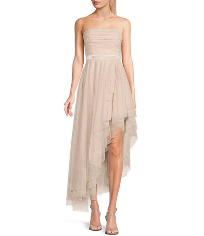 Asymmetric mesh on the back without shoulder straps for evening dressing