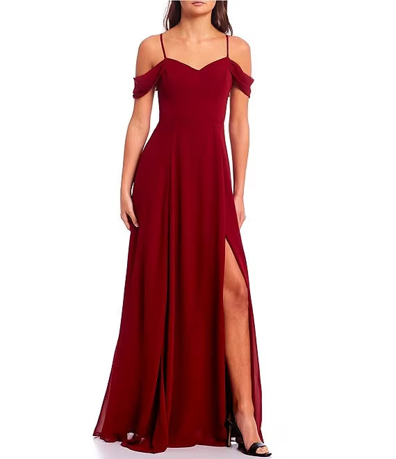 Off shoulder sweetheart collar with side slit chiffon long prom dress