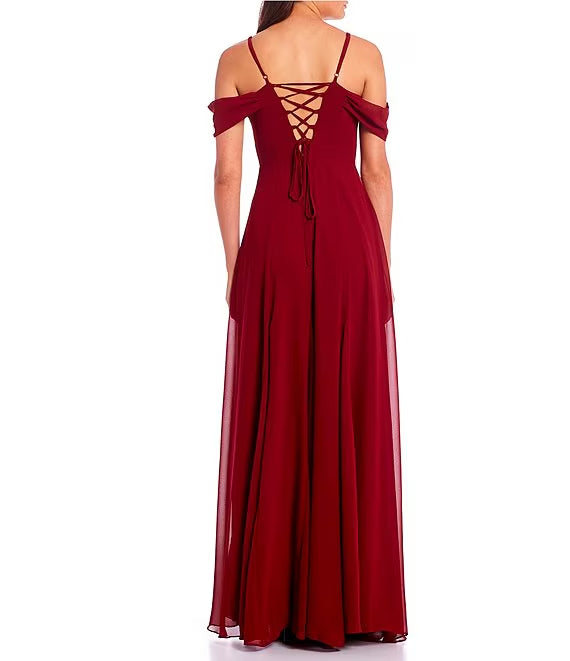 Off shoulder sweetheart collar with side slit chiffon long prom dress