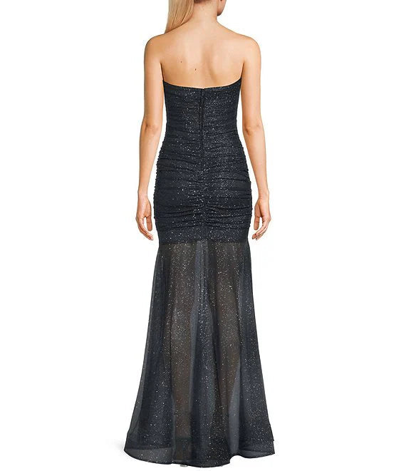 Strapless sequin pleated fishtail prom dress