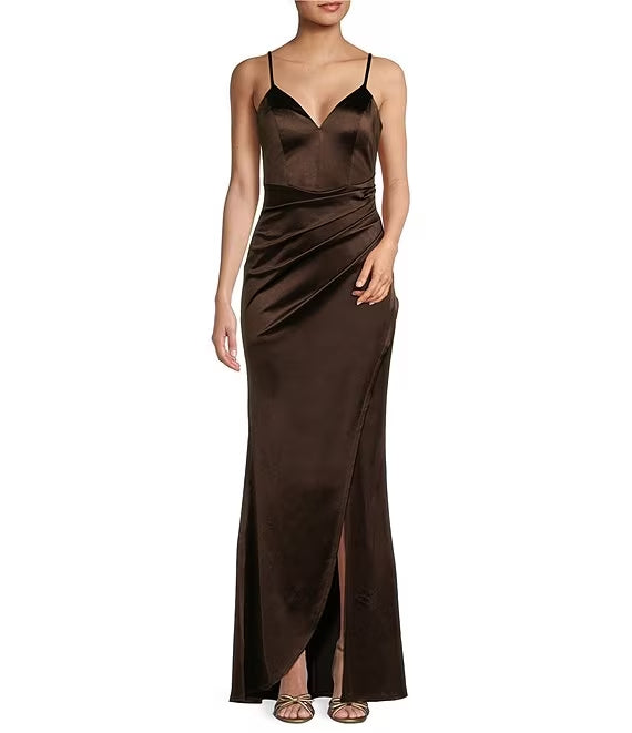 Thin shoulder straps V-neck pleats artificial wrap around body slit hem long evening dress