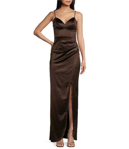 V-neck pleated side slit tight fitting corset prom dress
