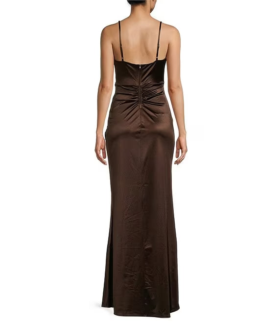Thin shoulder straps V-neck pleats artificial wrap around body slit hem long evening dress