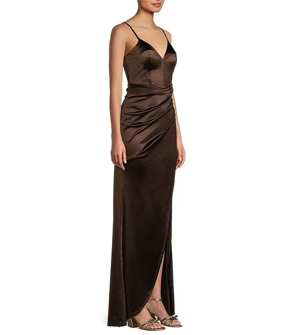 Thin shoulder straps V-neck pleats artificial wrap around body slit hem long evening dress