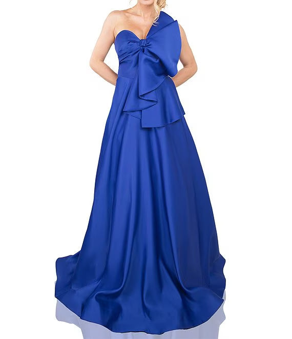 matte satin one shoulder sleeveless bow prom dress