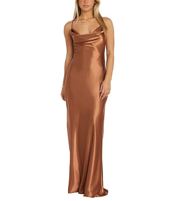 Sleeveless long thin shoulder strap with Chamois satin drape front X back length prom dress