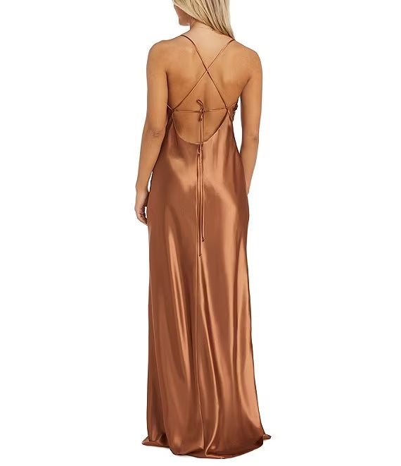 Sleeveless long thin shoulder strap with Chamois satin drape front X back length prom dress