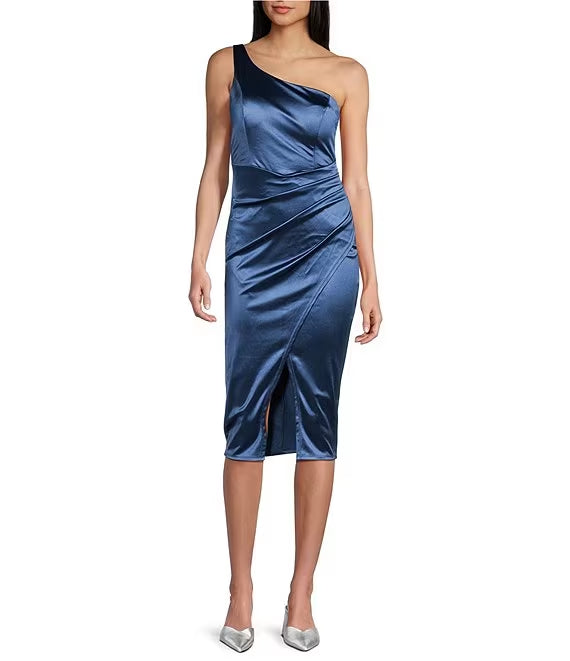 One shoulder synthetic wrap mid length prom dress