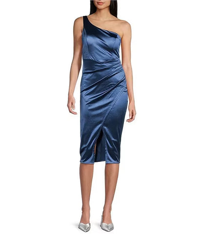 One shoulder synthetic wrap mid length prom dress