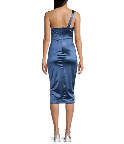 One shoulder synthetic wrap mid length prom dress