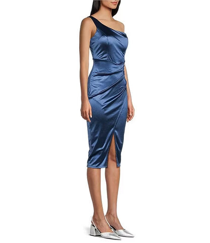 One shoulder synthetic wrap mid length prom dress