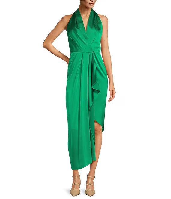 Light brown apron V-neck sleeveless satin asymmetrical hem medium length evening dress