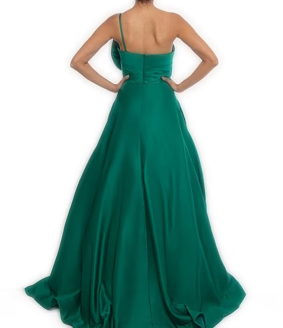 matte satin one shoulder sleeveless bow prom dress