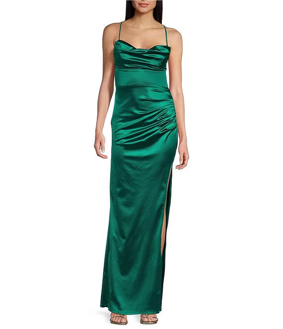 Satin pendant collar with back pleats long prom dress