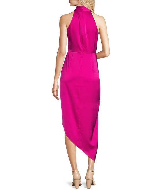 Light brown apron V-neck sleeveless satin asymmetrical hem medium length evening dress