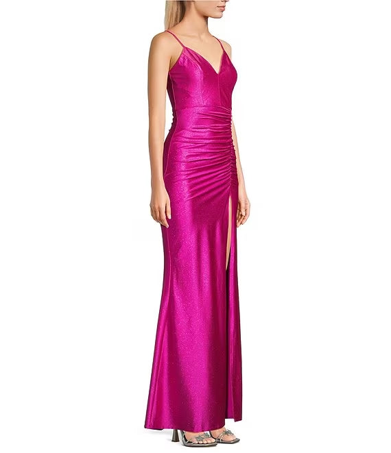 Thin shoulder strap V-neck pleated slit with metal sequin satin long prom dress