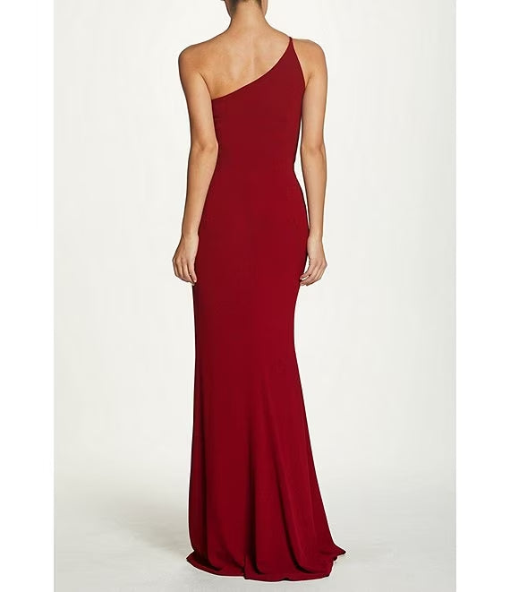 Asymmetric one shoulder collar with front slit and sleeveless prom dress
