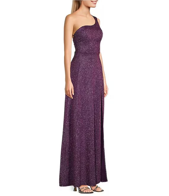 One shoulder sequin cage back length prom dress