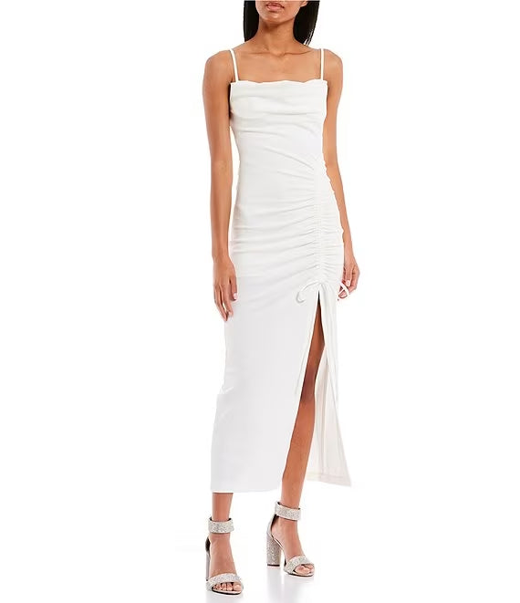 Pendant collar with parallel crease seam side slit drawstring medium length evening dress