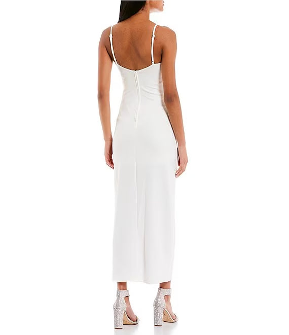 Pendant collar with parallel crease seam side slit drawstring medium length evening dress