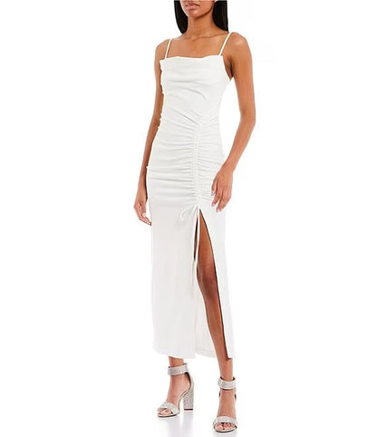 Pendant collar with parallel crease seam side slit drawstring medium length evening dress
