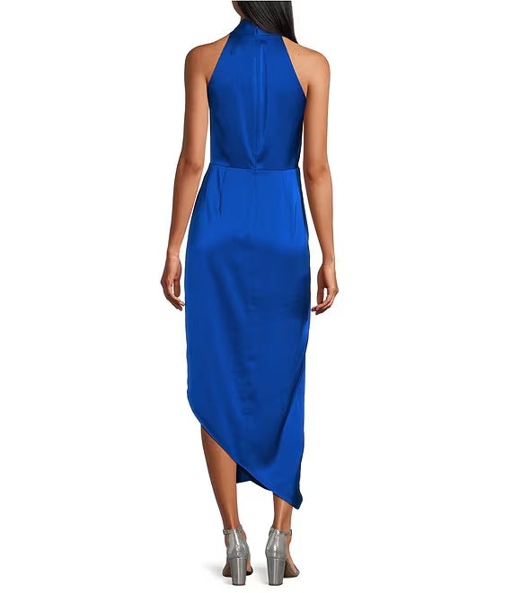 Light brown apron V-neck sleeveless satin asymmetrical hem medium length evening dress