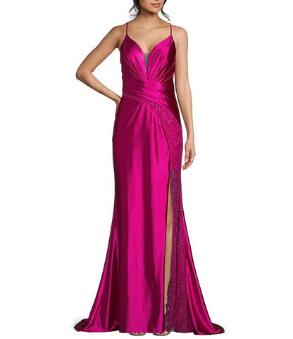 Deep V-neck fitted side opening beaded embroidery long evening dress