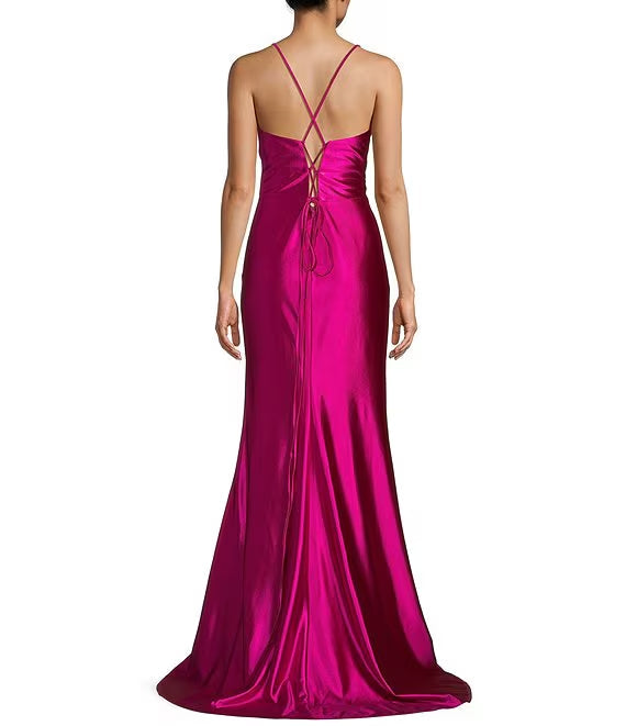 Deep V-neck fitted side opening beaded embroidery long evening dress