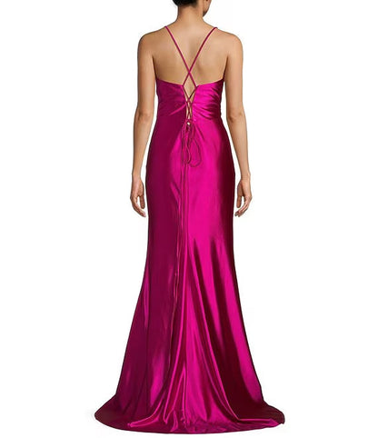 Deep V-neck fitted side opening beaded embroidery long evening dress