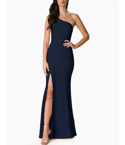 Asymmetric one shoulder collar with front slit and sleeveless prom dress
