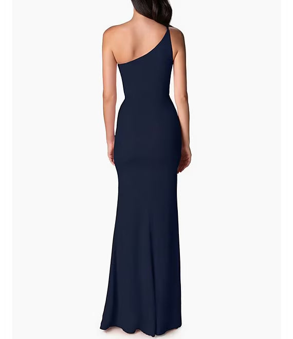 Asymmetric one shoulder collar with front slit and sleeveless prom dress