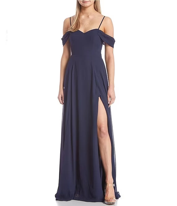 Off shoulder sweetheart collar with side slit chiffon long prom dress