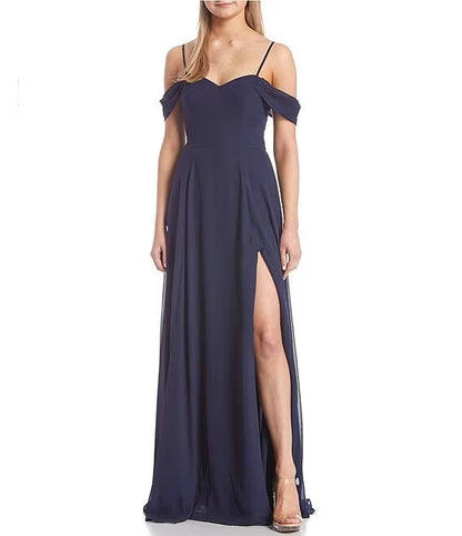 Off shoulder sweetheart collar with side slit chiffon long prom dress