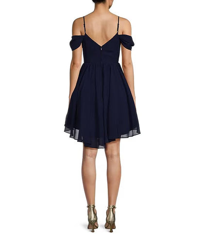 Off shoulder neckline high and low profile speaker prom dress
