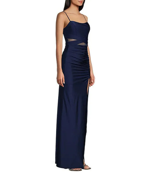 Square collar phantom waist side slit long evening dress