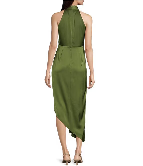 Light brown apron V-neck sleeveless satin asymmetrical hem medium length evening dress