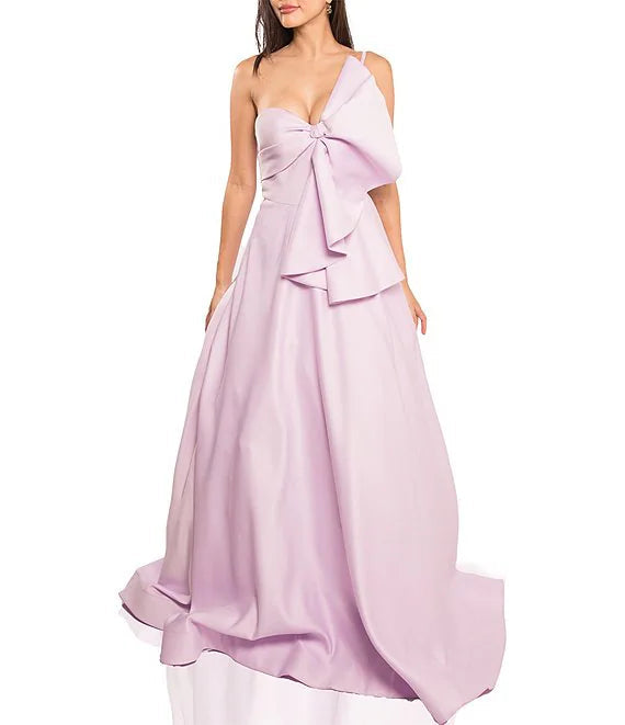 matte satin one shoulder sleeveless bow prom dress