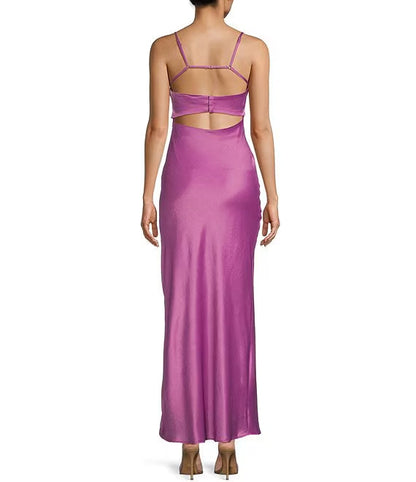 Satin horizontal stripe length prom dress